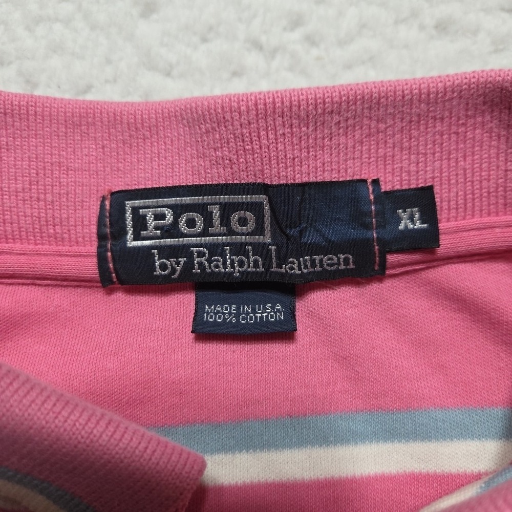 Vintage Polo Ralph Lauren Knit Polo Men's XL Pink White Striped Made In USA - Picture 3 of 9